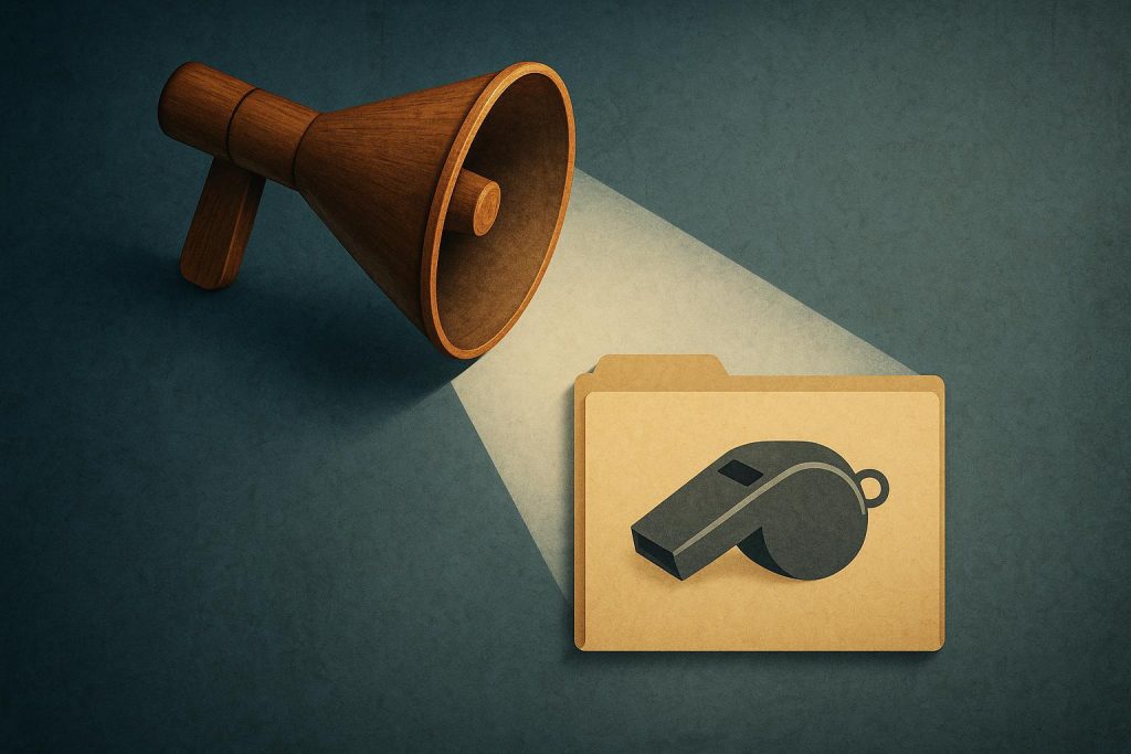 Confidential document with whistleblower symbol highlighting risks and impact of whistleblowing