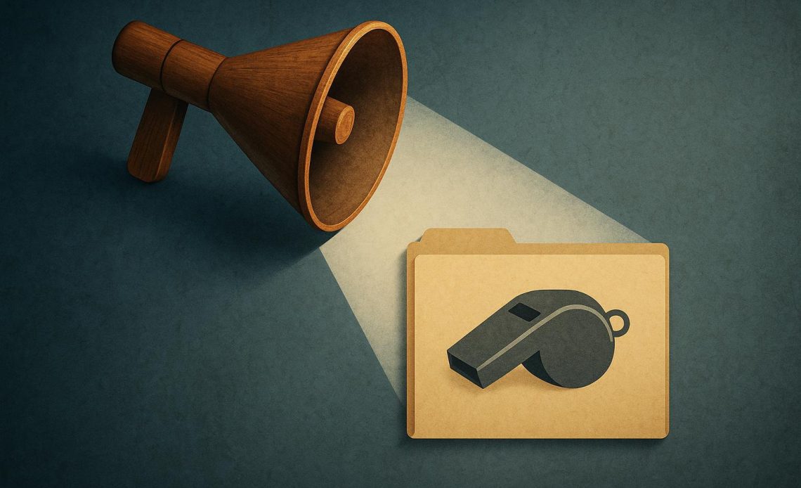 Confidential document with whistleblower symbol highlighting risks and impact of whistleblowing