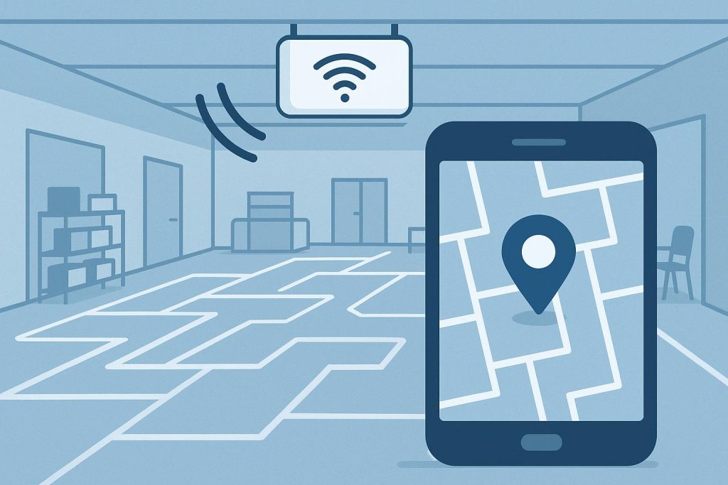 Blueprint showing RTLS technology enhancing real-time indoor location tracking in facilities