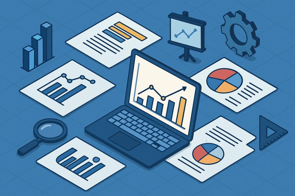 Business analyst working with data charts, digital tools, and certification materials