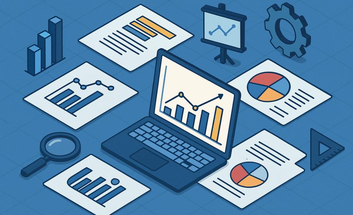 Business analyst working with data charts, digital tools, and certification materials