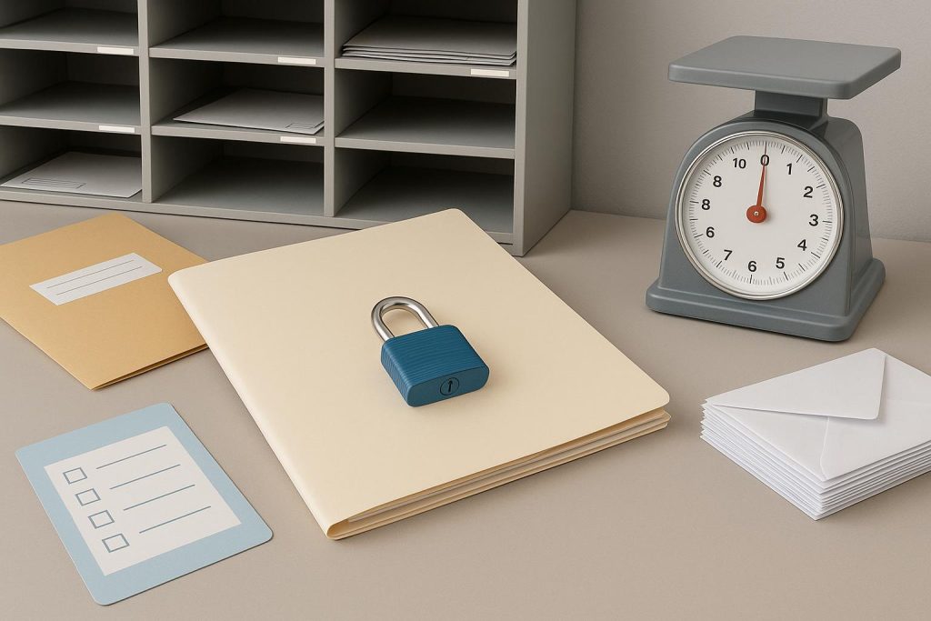 Organized mailroom workspace illustrating effective data hygiene and secure document handling