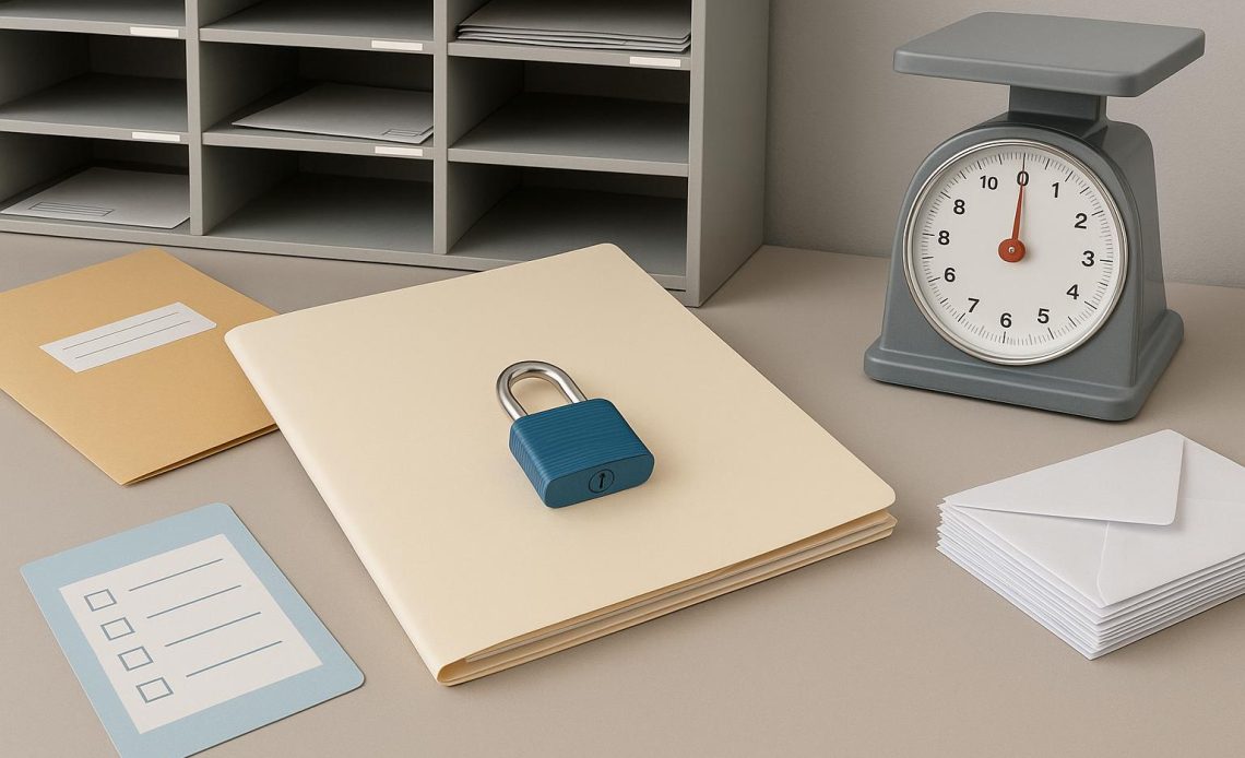 Organized mailroom workspace illustrating effective data hygiene and secure document handling