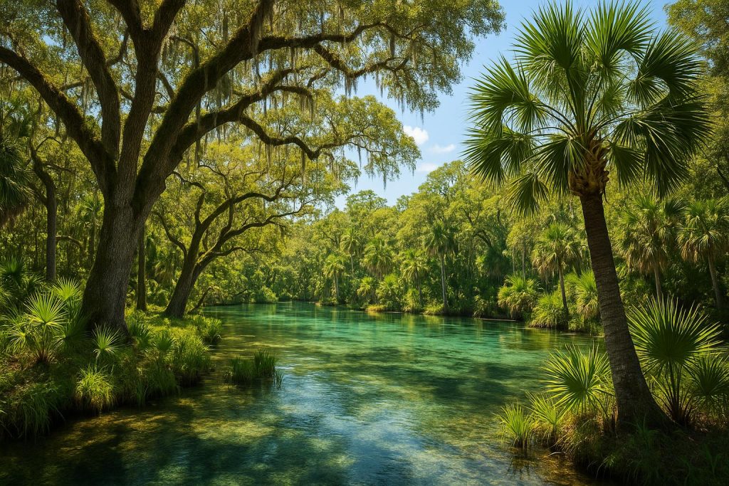 Scenic view of Florida nature park with lush greenery and water, highlighting natural beauty