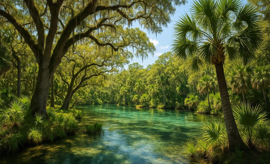 Scenic view of Florida nature park with lush greenery and water, highlighting natural beauty