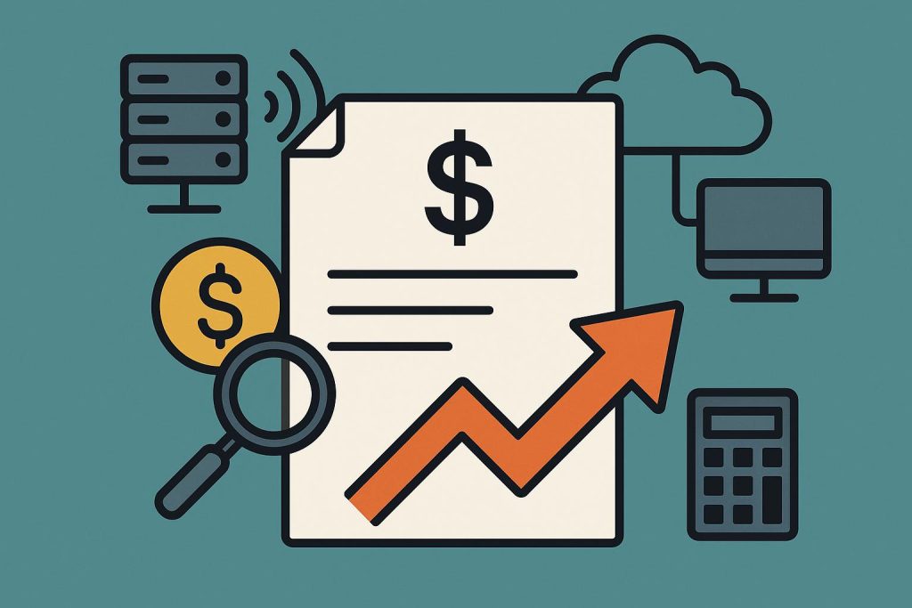 Illustration of rising managed IT service costs with highlighted line items and budget documents