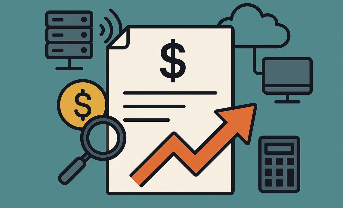 Illustration of rising managed IT service costs with highlighted line items and budget documents