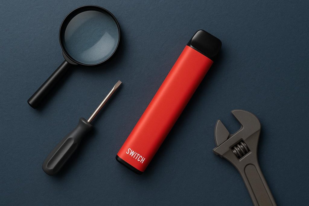 Mr Fog Switch vape device showing common malfunctions with troubleshooting tips highlighted