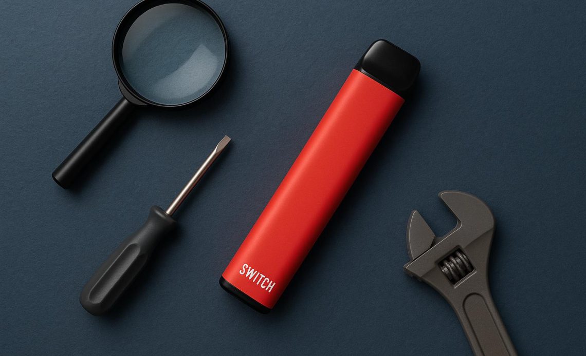 Mr Fog Switch vape device showing common malfunctions with troubleshooting tips highlighted