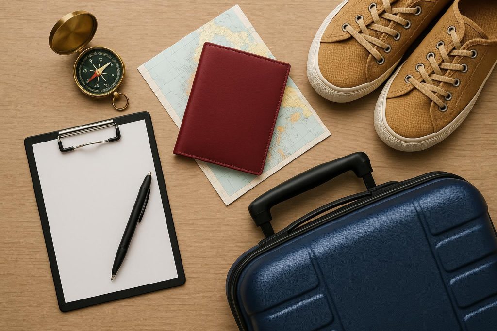 Open suitcase with travel essentials like passport, clothes, toiletries, and a checklist