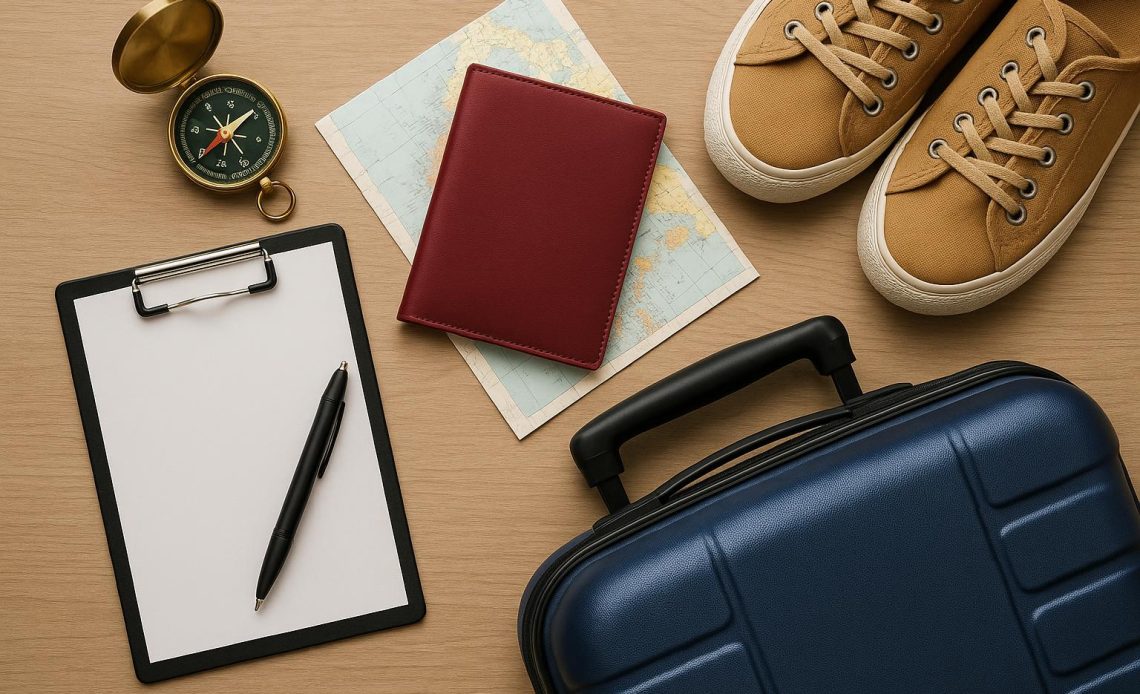 Open suitcase with travel essentials like passport, clothes, toiletries, and a checklist