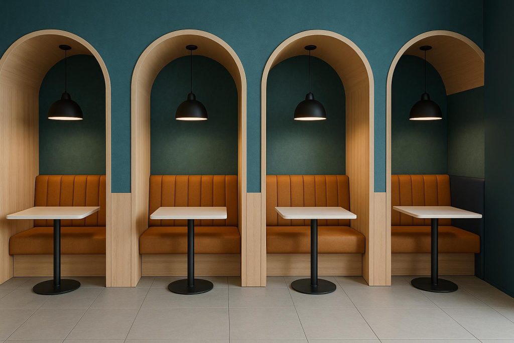Modern booth seating in a tech hub coworking café with gaming lounge elements for comfort and focus