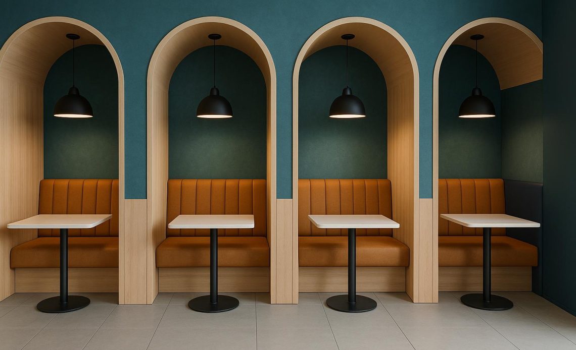 Modern booth seating in a tech hub coworking café with gaming lounge elements for comfort and focus