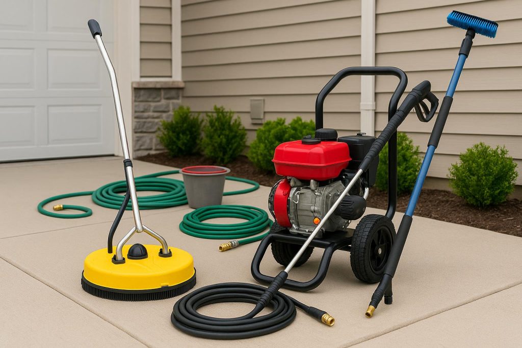 Pressure washer cleaning house siding with organized hoses and cleaning accessories outdoors