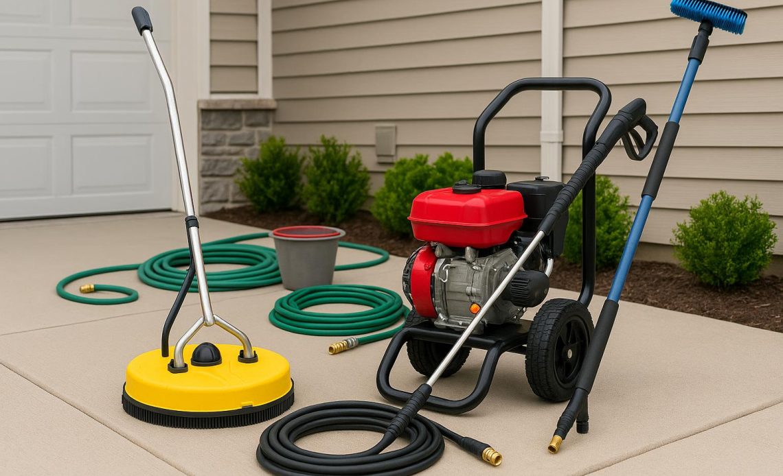 Pressure washer cleaning house siding with organized hoses and cleaning accessories outdoors