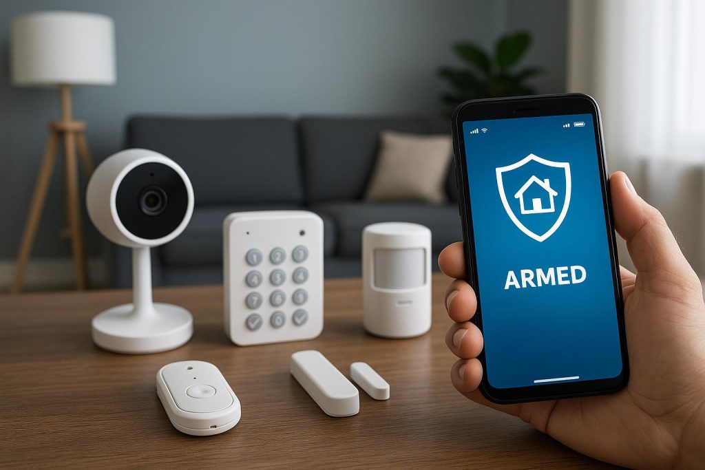 Home security system with app control interface, smart devices, and monitoring features