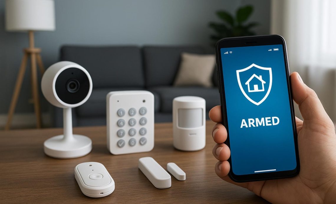 Home security system with app control interface, smart devices, and monitoring features