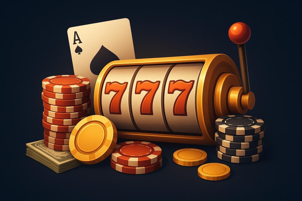 Online casino games interface displaying slots, cards, and currency on a digital gaming platform