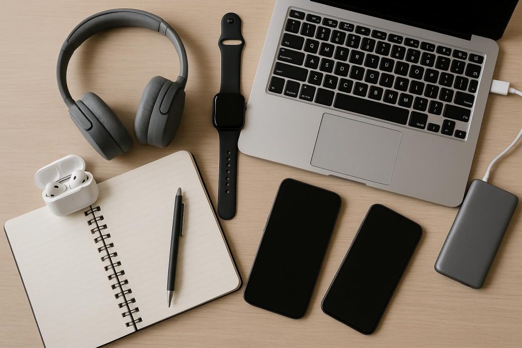 Laptop, headphones, smartphone, and smart notebook on a student desk for university essentials