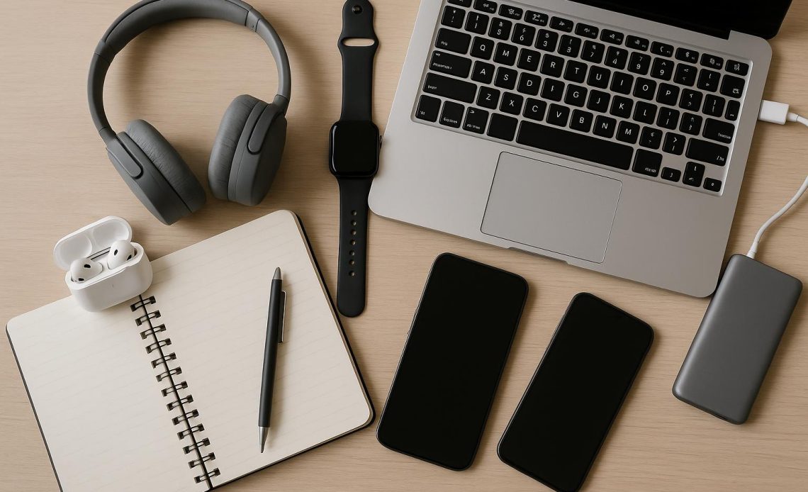 Laptop, headphones, smartphone, and smart notebook on a student desk for university essentials