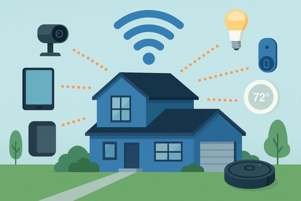 Multiple smart home devices connected to a wireless router representing future Wi-Fi capacity