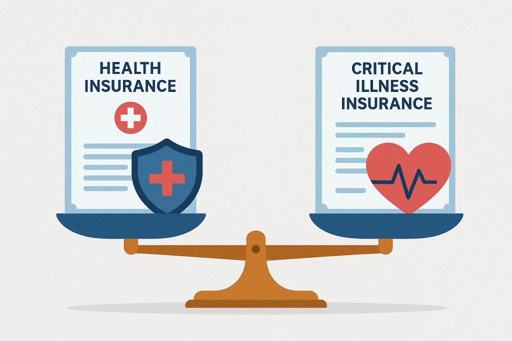 Health insurance vs critical illness insurance comparison with icons and policy documents
