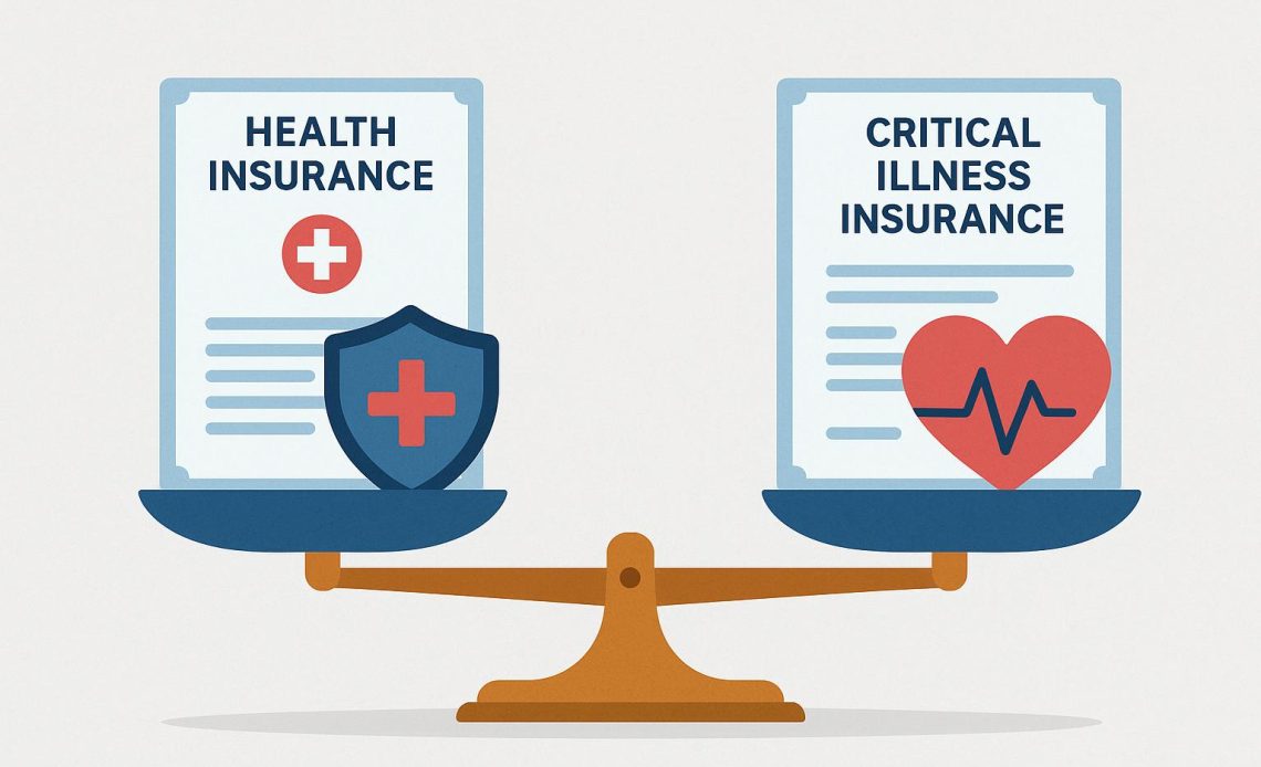 Health insurance vs critical illness insurance comparison with icons and policy documents