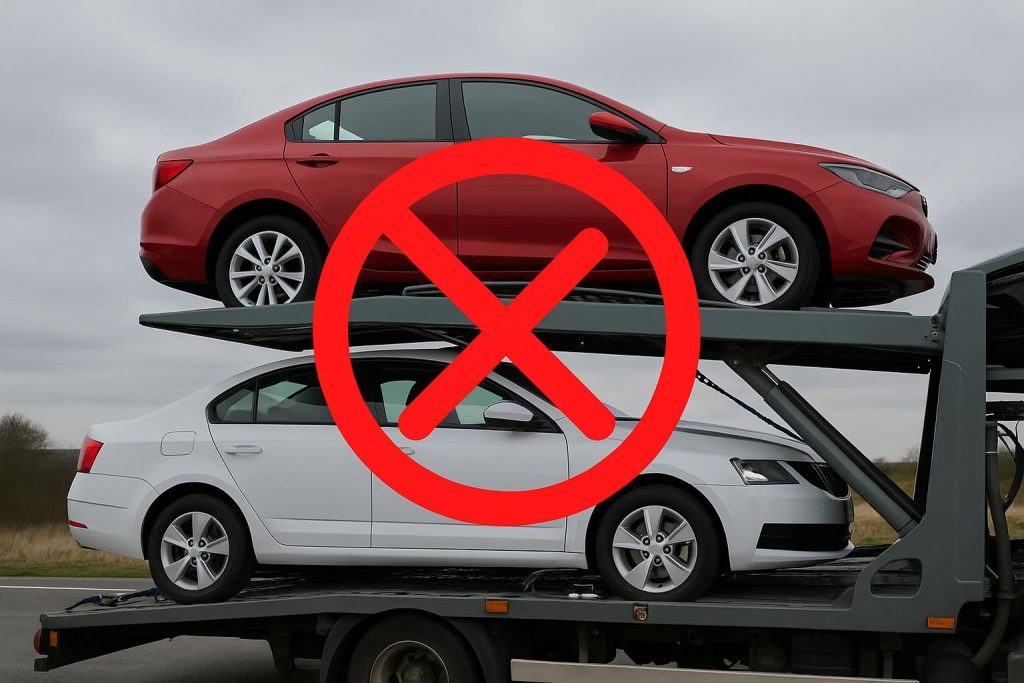 Car transporter truck loading multiple vehicles, highlighting common vehicle shipping mistakes
