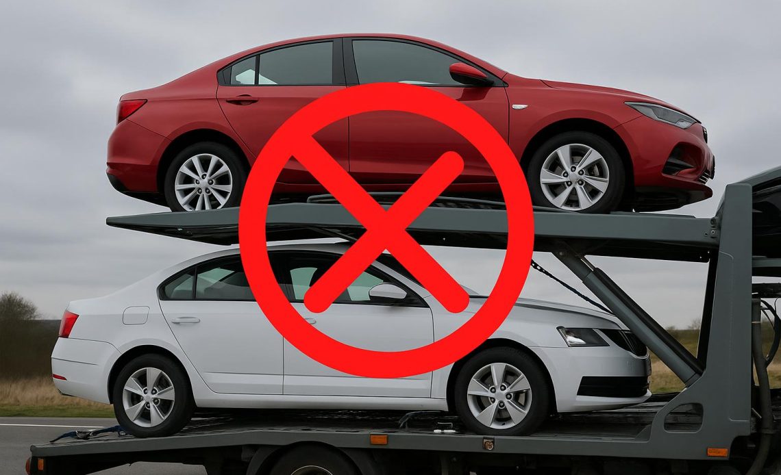 Car transporter truck loading multiple vehicles, highlighting common vehicle shipping mistakes