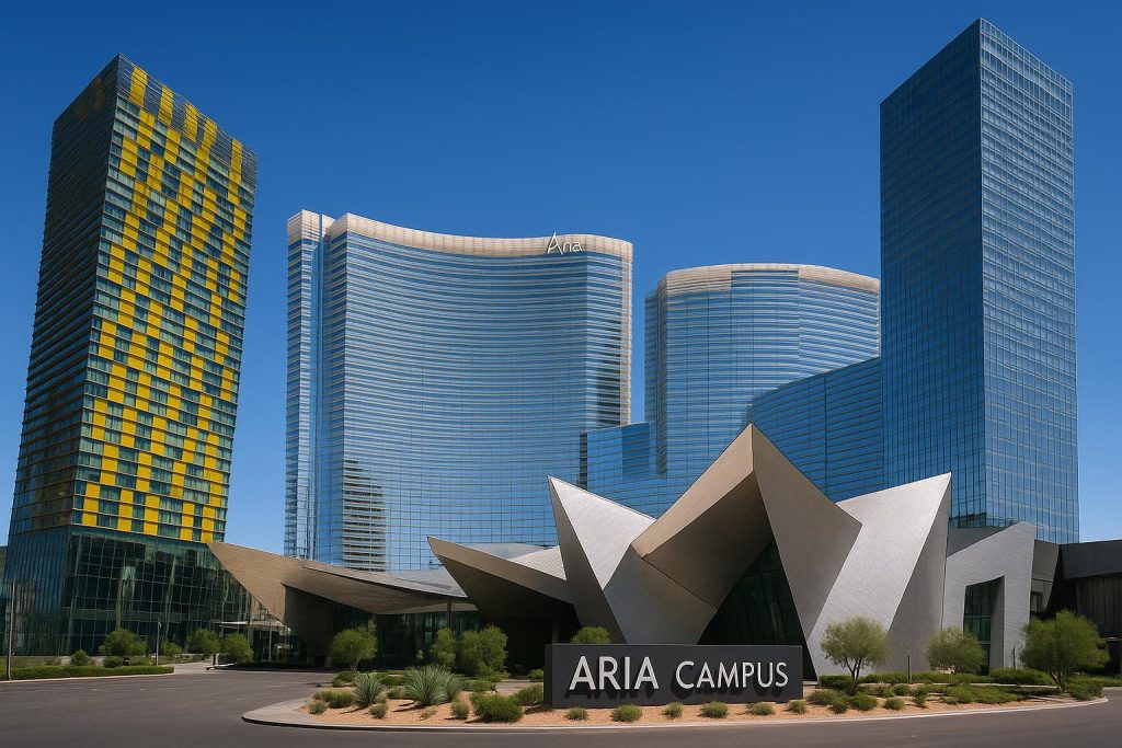 Aria Campus construction by Tutor Perini in Las Vegas with modern architecture and skyline views