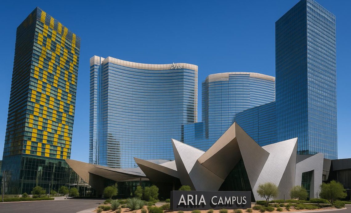 Aria Campus construction by Tutor Perini in Las Vegas with modern architecture and skyline views