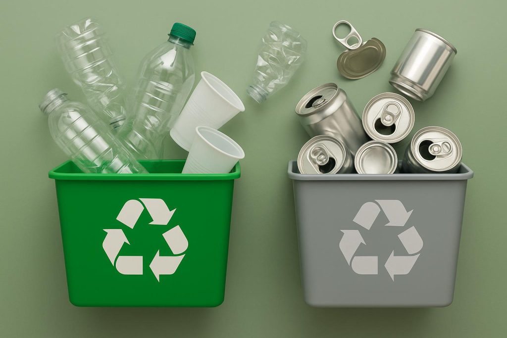 Plastic and aluminum containers being sorted for recycling in the United States