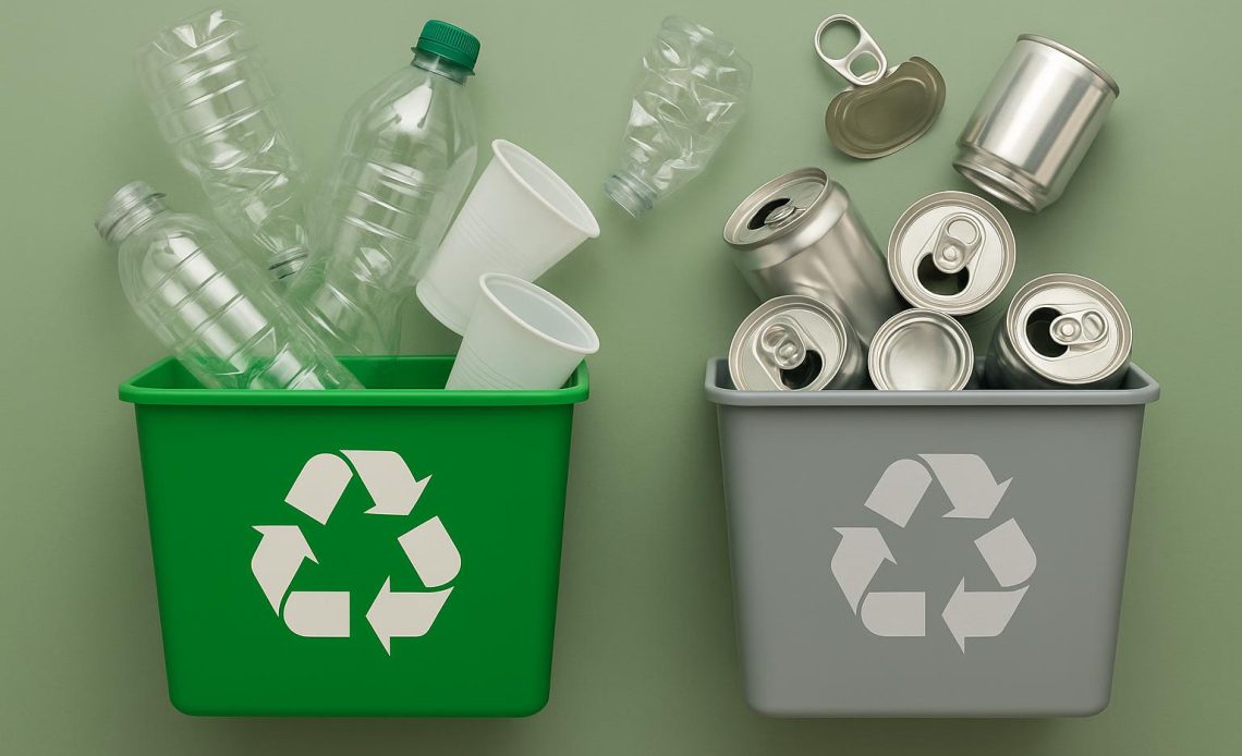 Plastic and aluminum containers being sorted for recycling in the United States