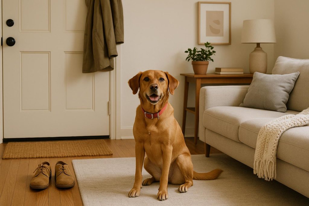 Well-behaved dog sitting politely in a living room, demonstrating proper pet etiquette