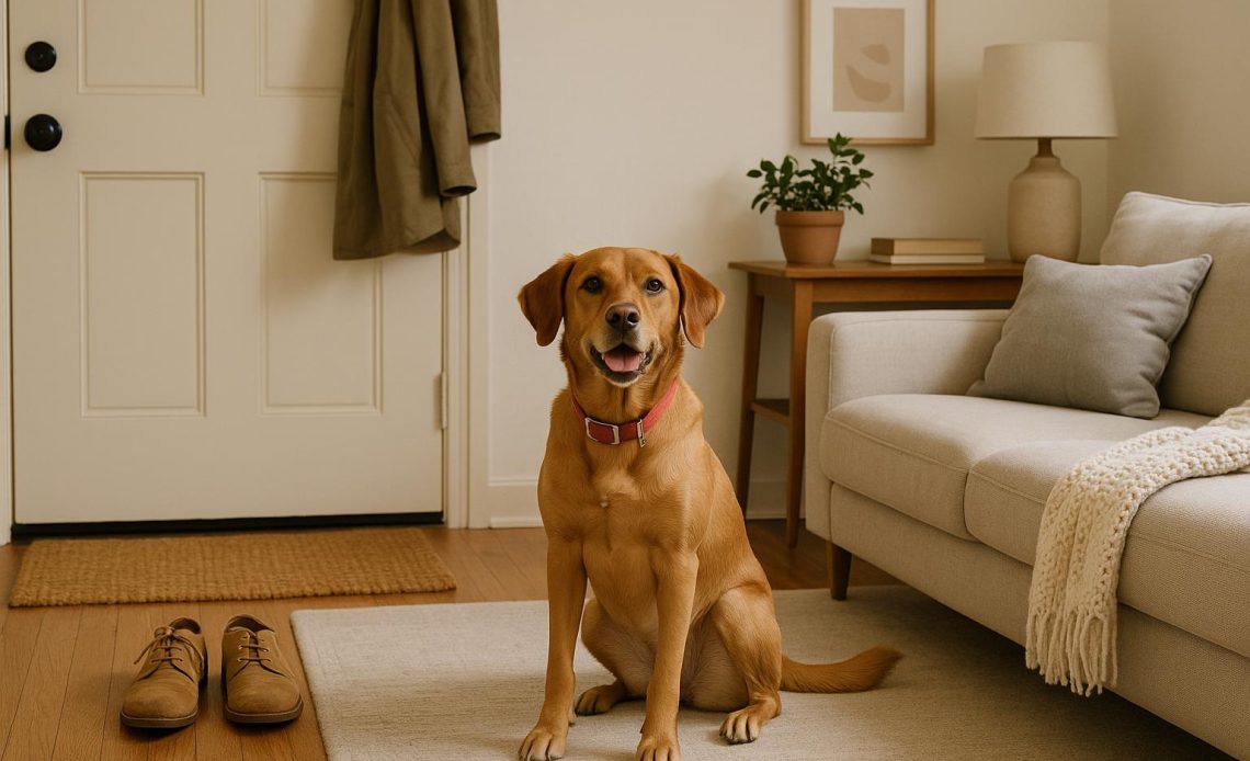 Well-behaved dog sitting politely in a living room, demonstrating proper pet etiquette