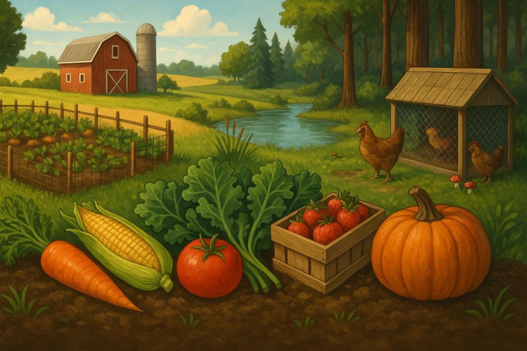 Farm vegetables on a wooden table highlighting food sources outside supermarkets for children