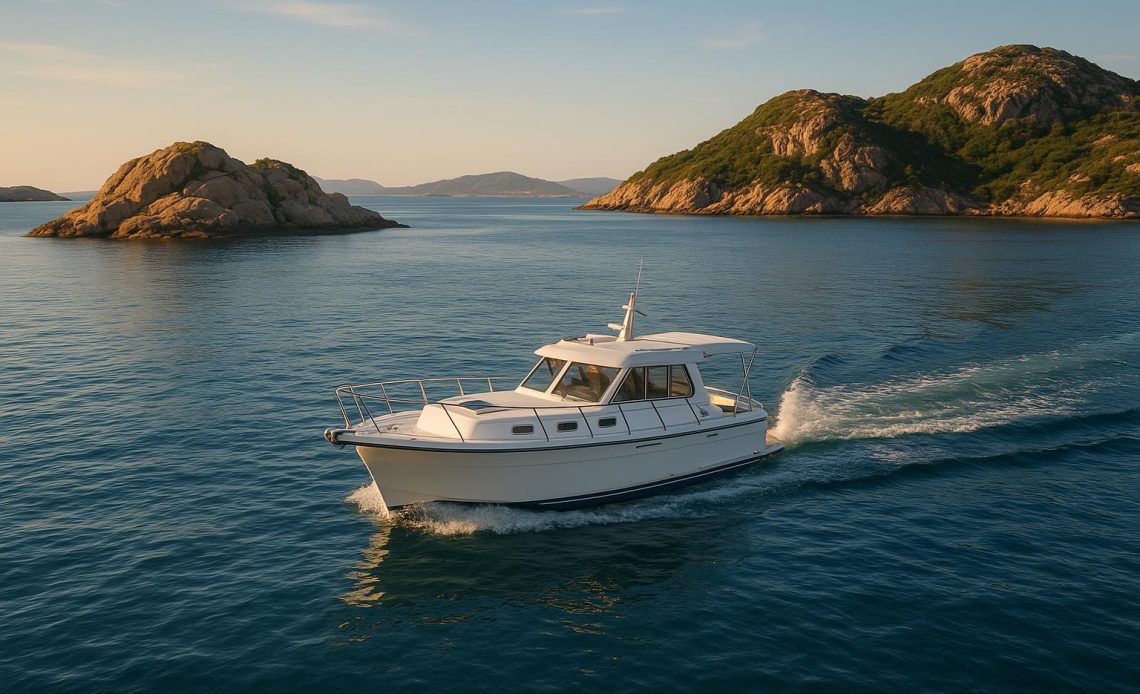 Luxury private boat cruising on open water, showcasing flexibility and freedom in travel choices
