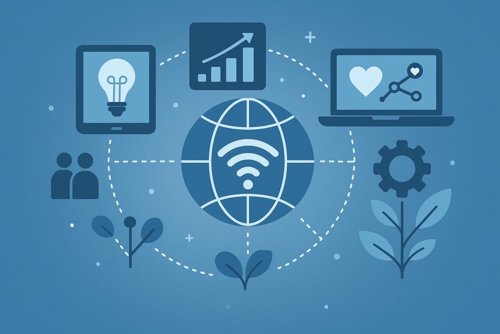 Abstract digital network connecting icons symbolizing technology driving social progress