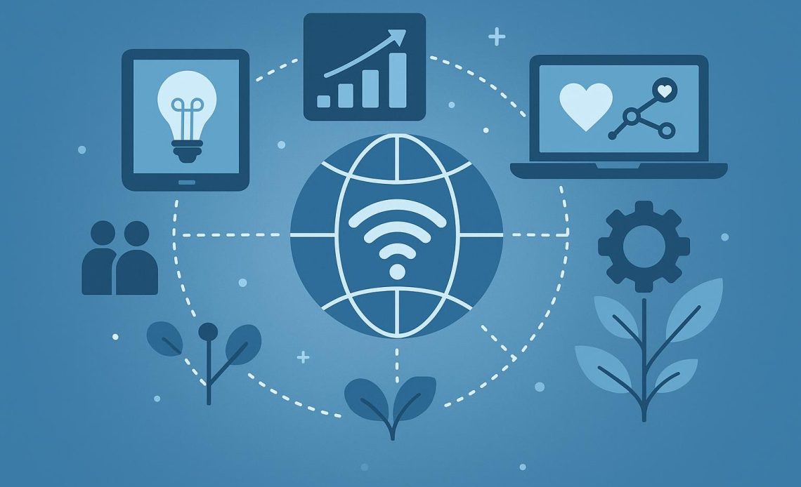 Abstract digital network connecting icons symbolizing technology driving social progress
