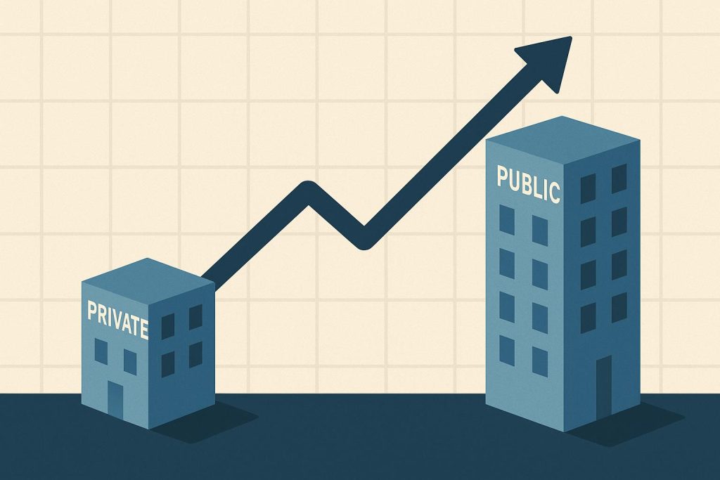 Private company growth concept with closed doors and upward graph, reflecting market trends