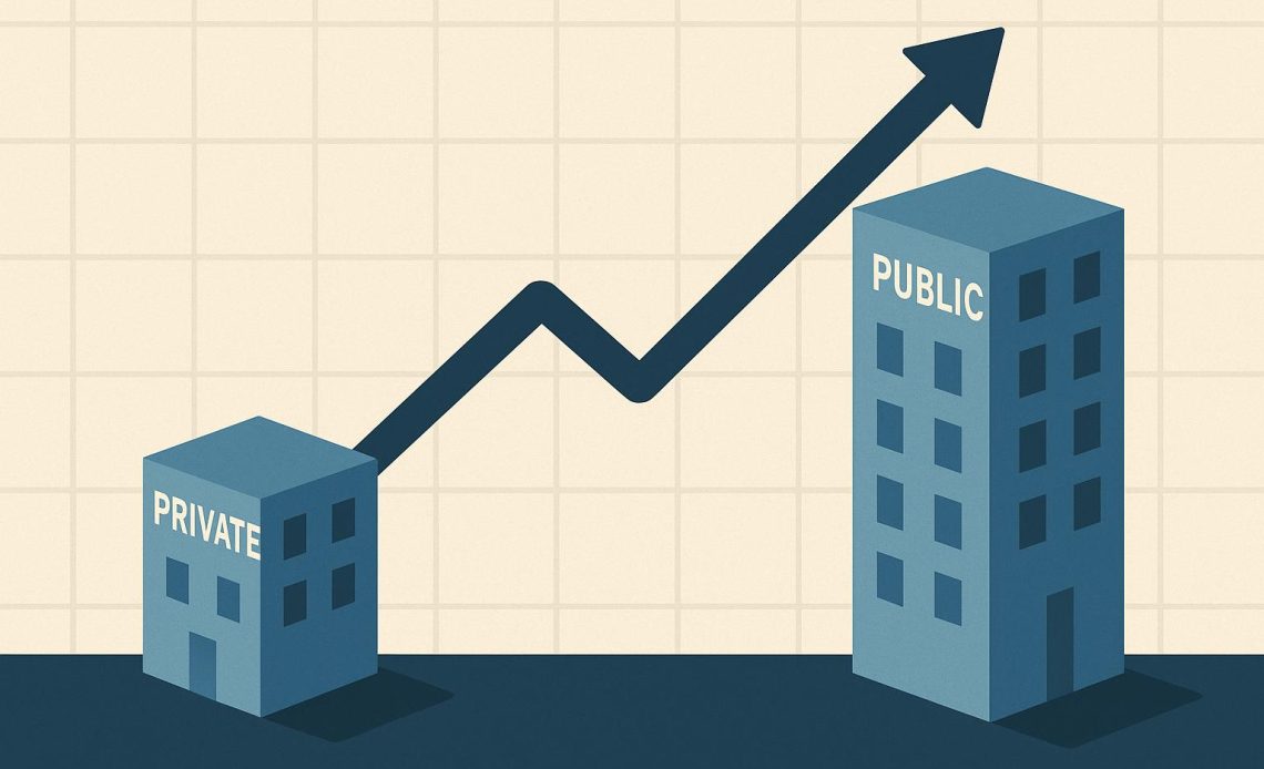 Private company growth concept with closed doors and upward graph, reflecting market trends
