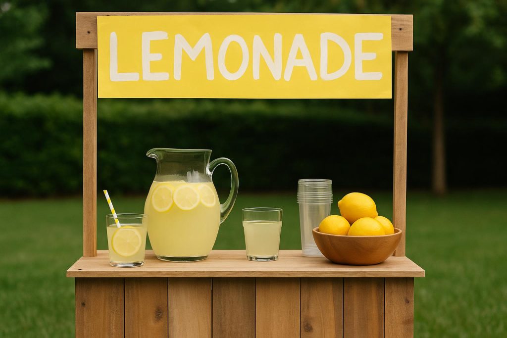 Freshly squeezed lemonade and cups arranged on a stand, symbolizing starting a small business