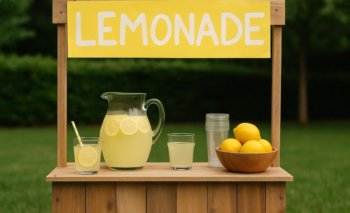 Freshly squeezed lemonade and cups arranged on a stand, symbolizing starting a small business