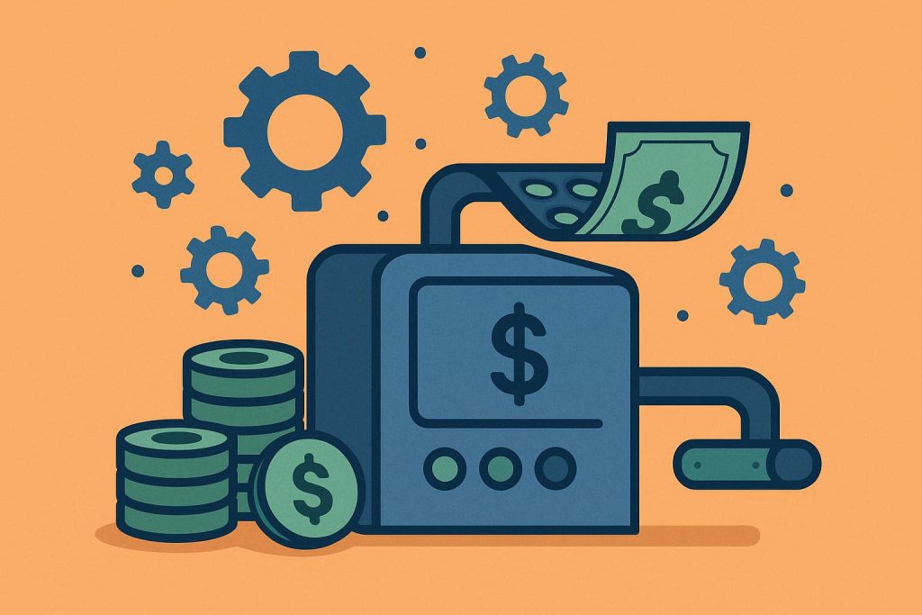Stacks of coins next to a smartphone displaying automated savings app dashboard