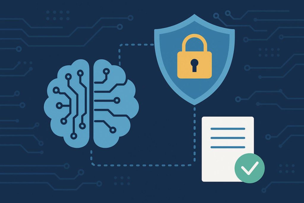 Artificial intelligence analyzing data privacy protocols and compliance measures illustration