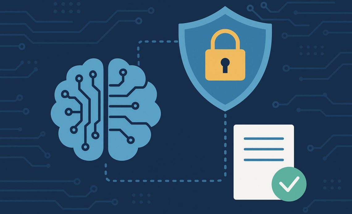 Artificial intelligence analyzing data privacy protocols and compliance measures illustration