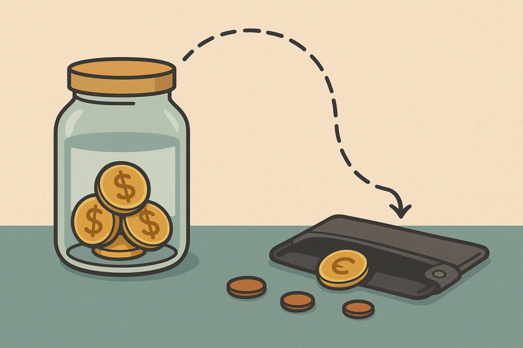 Piggy bank on nearly empty wallet symbolizing challenges of saving money and financial discipline