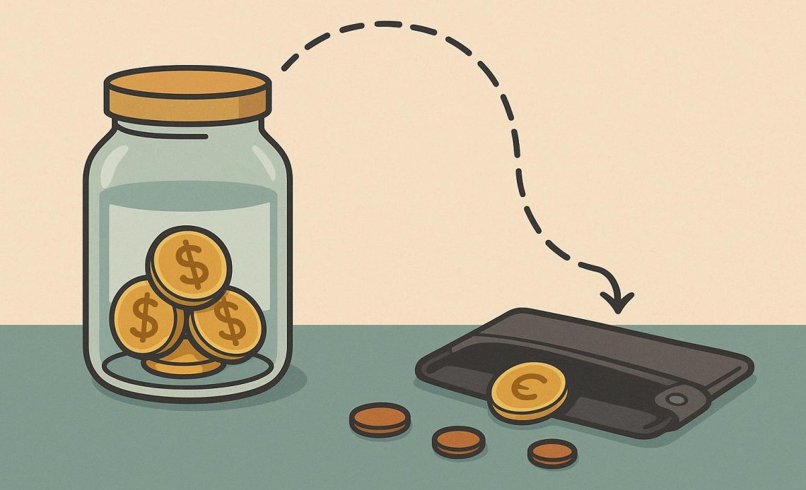 Piggy bank on nearly empty wallet symbolizing challenges of saving money and financial discipline