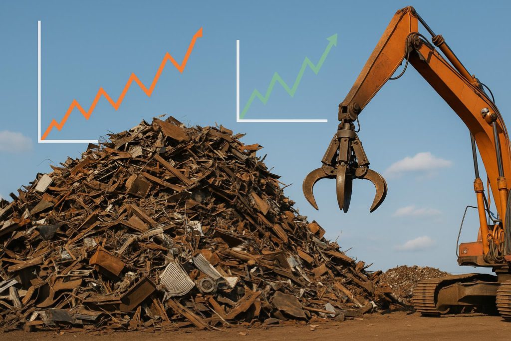 Scrap metal piles at recycling yard illustrating monthly fluctuations in metal prices