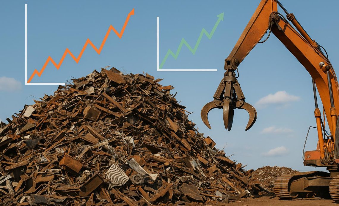 Scrap metal piles at recycling yard illustrating monthly fluctuations in metal prices